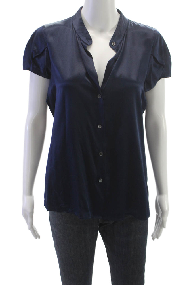Theory Women Silk Collared Basic Blouse Short Sleeve Blue Button Size LFree Shipping in US $100+ Orders | $6.95 Orders Below