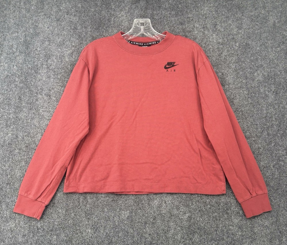 Nike Air Women’s S Cropped Long Sleeve T Shirt Crew Neck Swoosh Logo Burnt Red