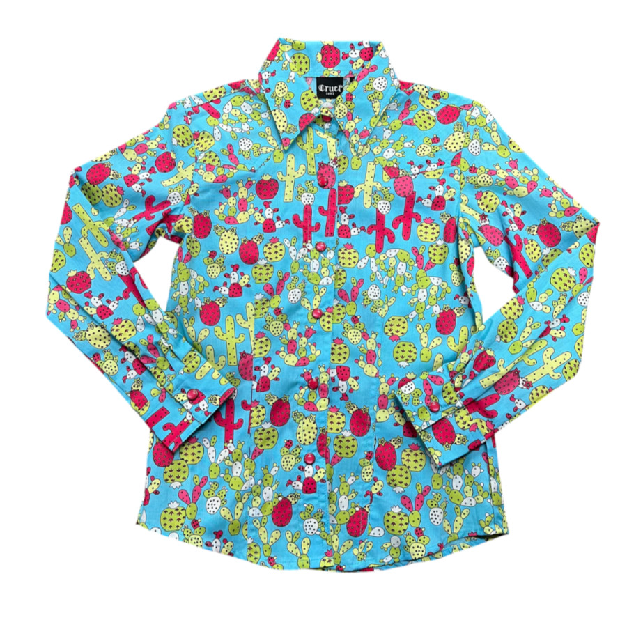 CRUEL GIRL Pearl Snap Western Shirt Top GIRLS M-8 Blue Red Green CACTUS PRINT