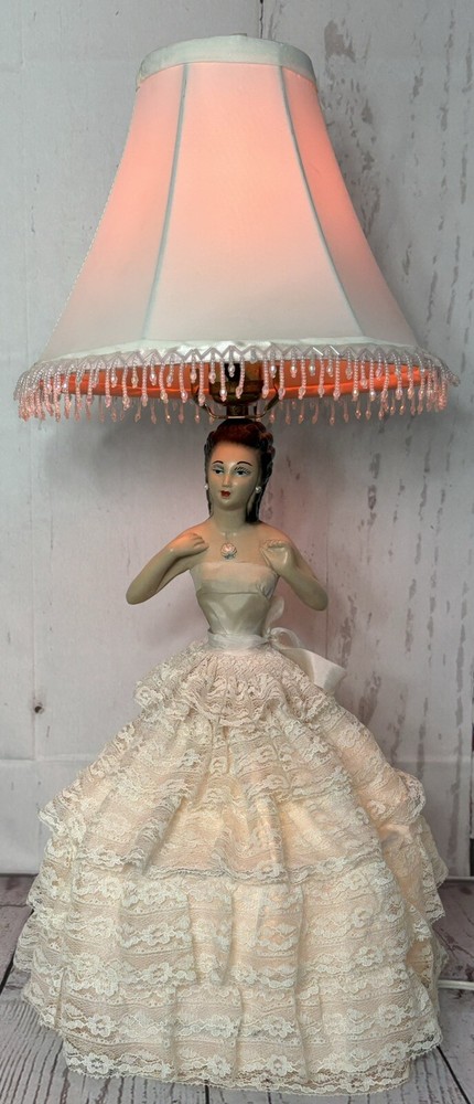 Vintage Victorian CHALKWARE BOUDOIR LADY LAMP with SHADE 23” Dual Lights