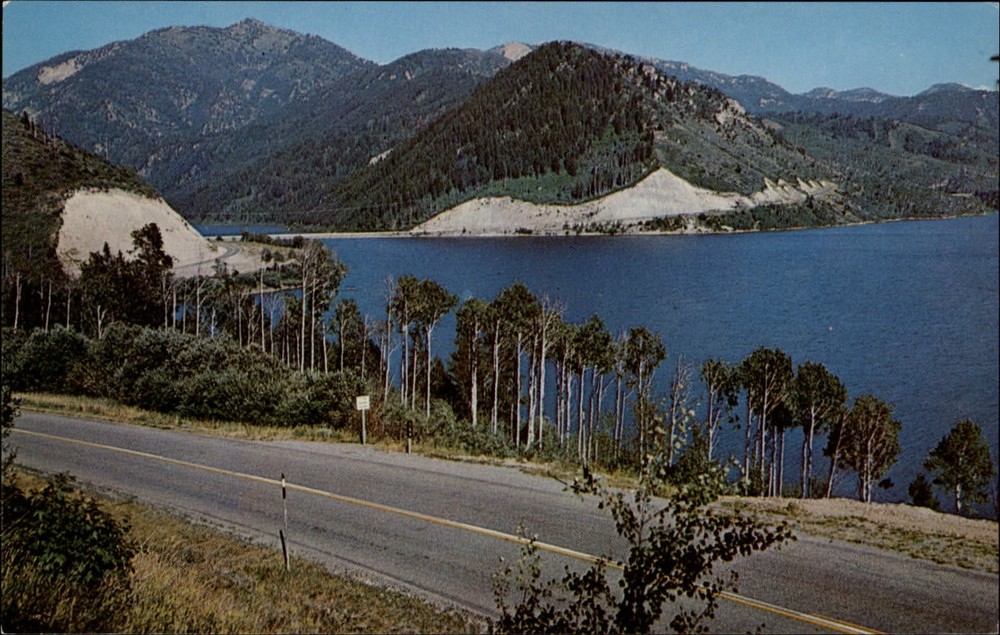 Alpine Idaho Palisade Reservoir Highway 26 aerial view ~ unused postcard sku881