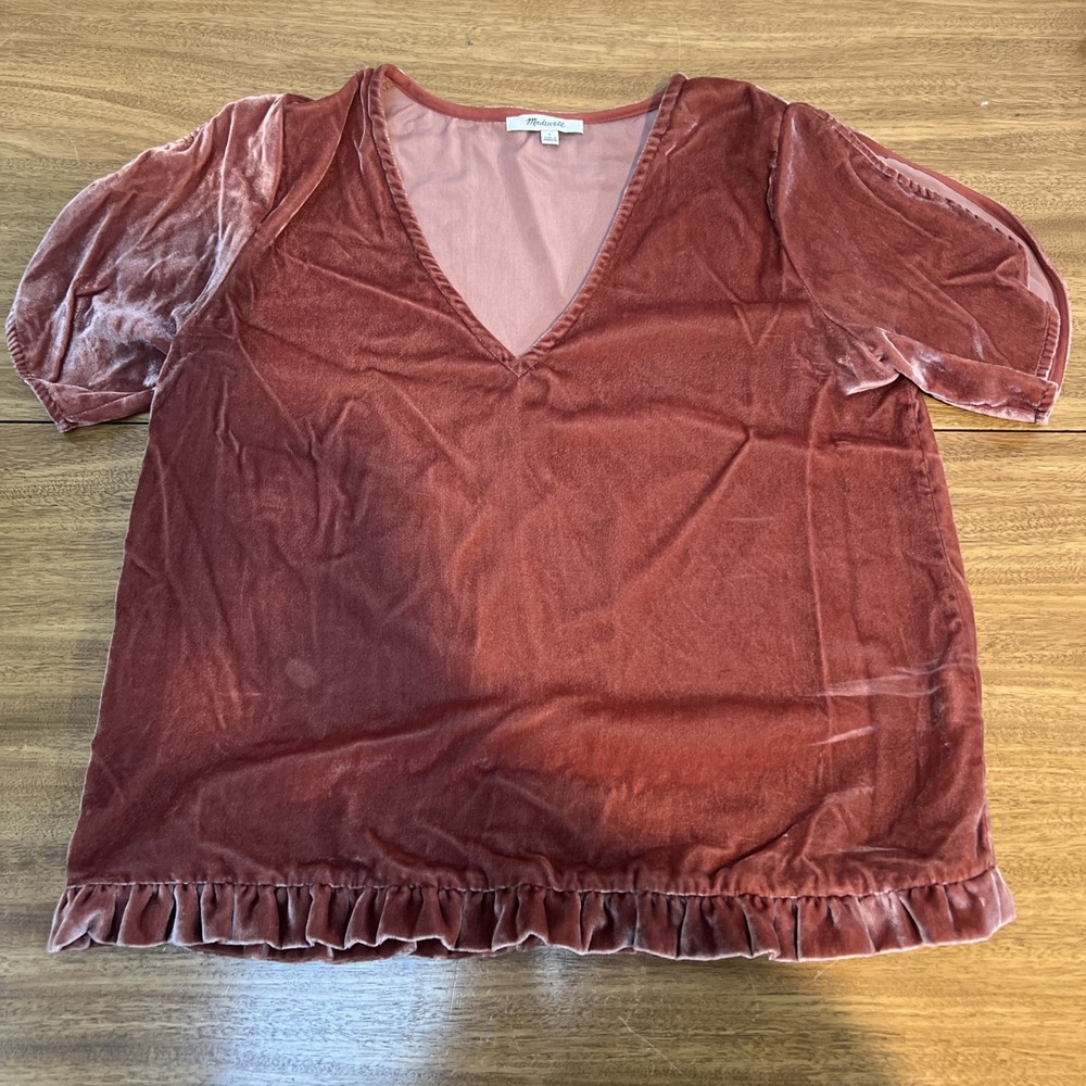Madewell Velvet V Neck Party Top Blouse Burnt Coral Rust Short Sleeve Small