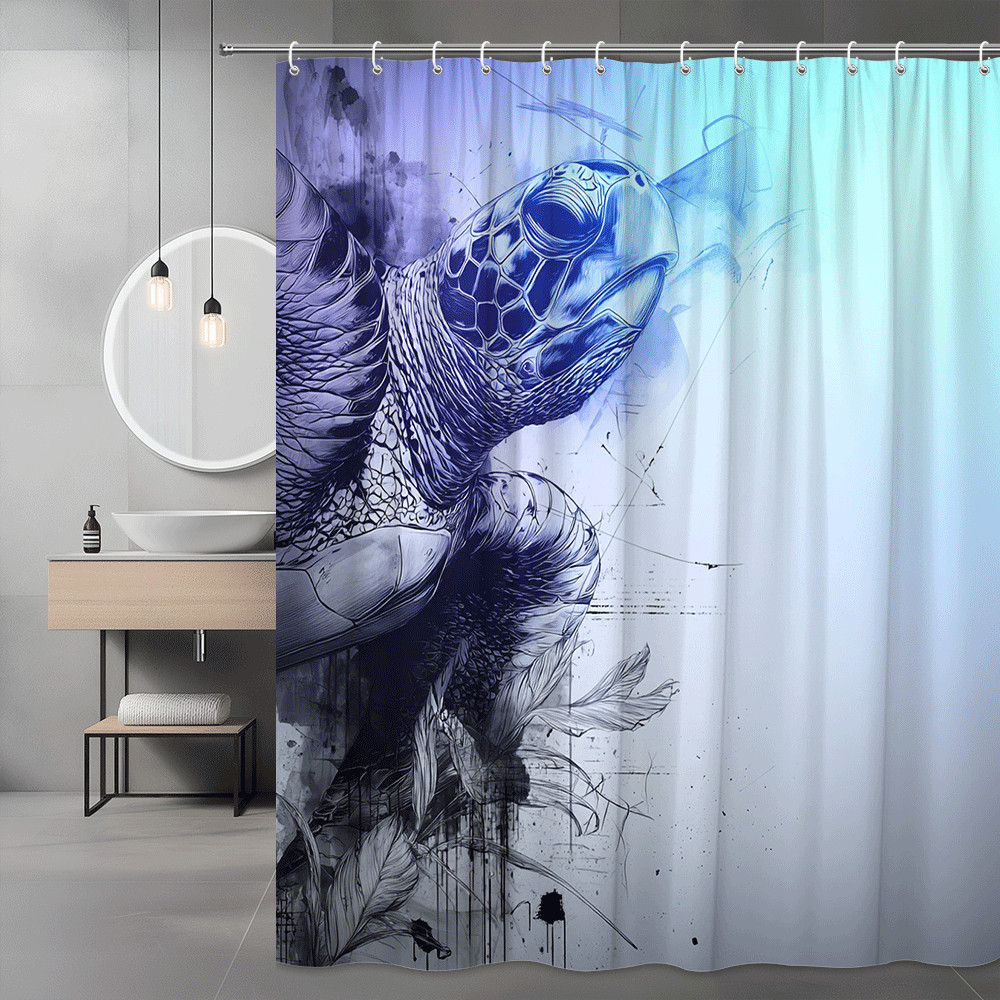 Blue Sea Turtle Graphic Shower Curtain Abstract Ocean Decor