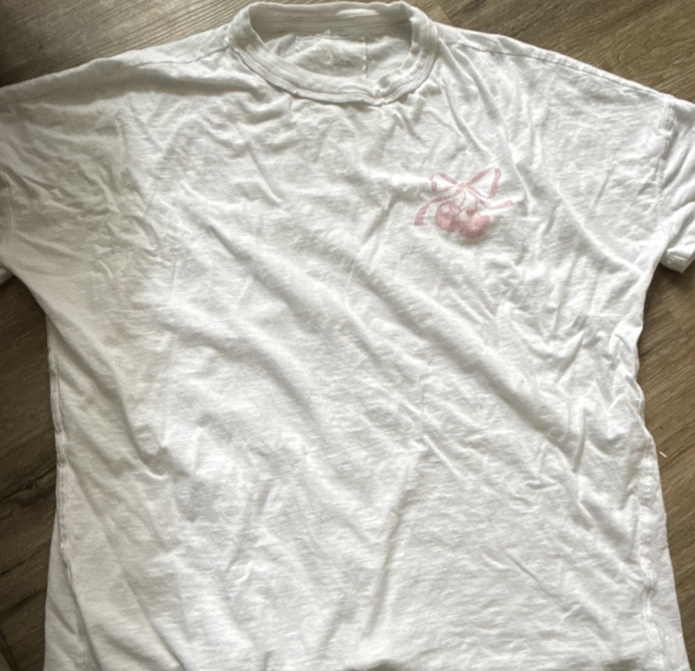 Aerie Cherry Bow Graphic Crew Neck Short Sleeve White Cotton T-Shirt Size S