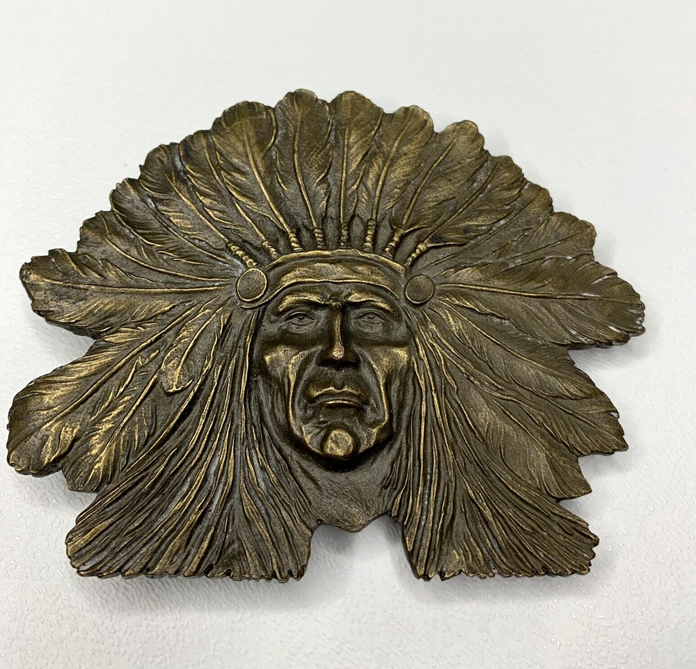 Vtg Native American Indian Chief Belt Buckle Headdress Bergamot Brass D-60 Logo