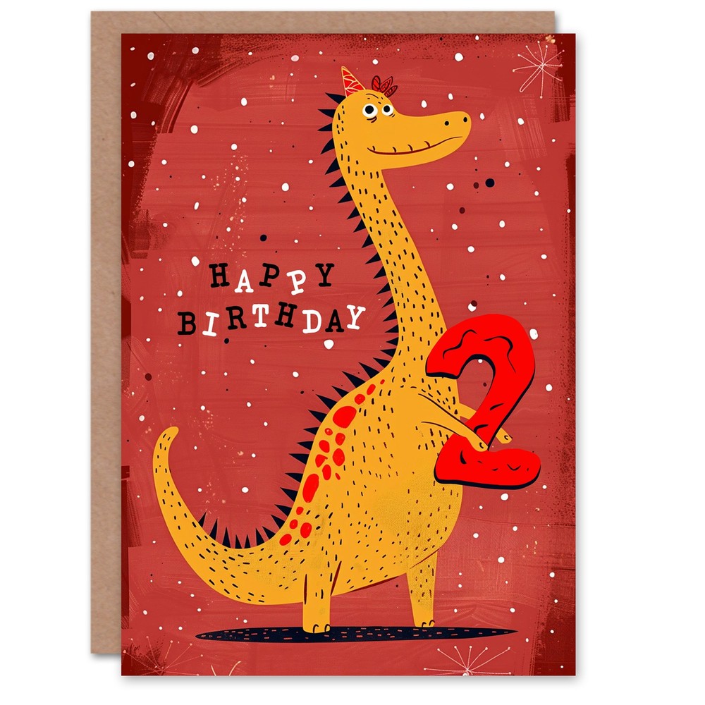 Birthday Card Spiky Yellow Red Dinosaur Cartoon Cute 2nd 2 Year Old Child Kids