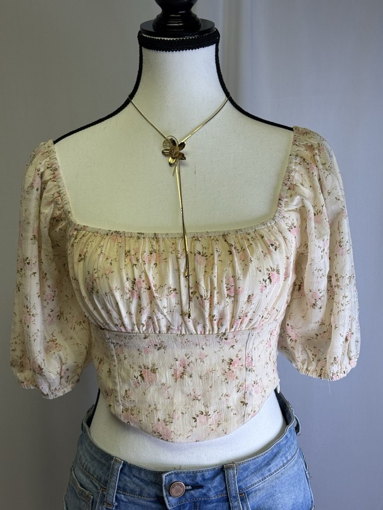 Altar’d State Floral Milkmaid Smocked Crop Top Puff Sleeve Tie Back XS