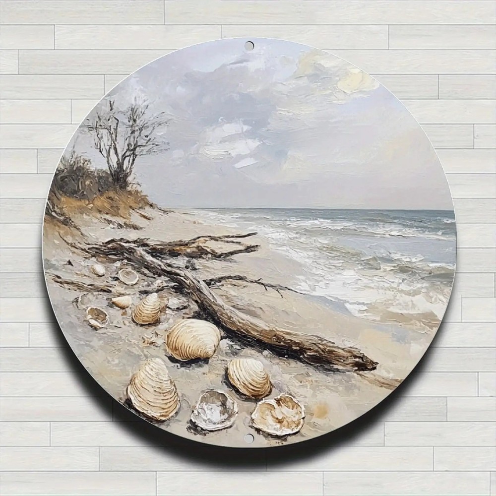 Vintage Coastal Beach Round Aluminum Art Seashells Ocean Waves Decor