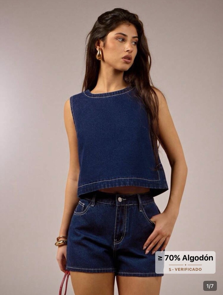 Women's Dark Blue Denim Top & Shorts Set, Contrast Stitching, Size: S
