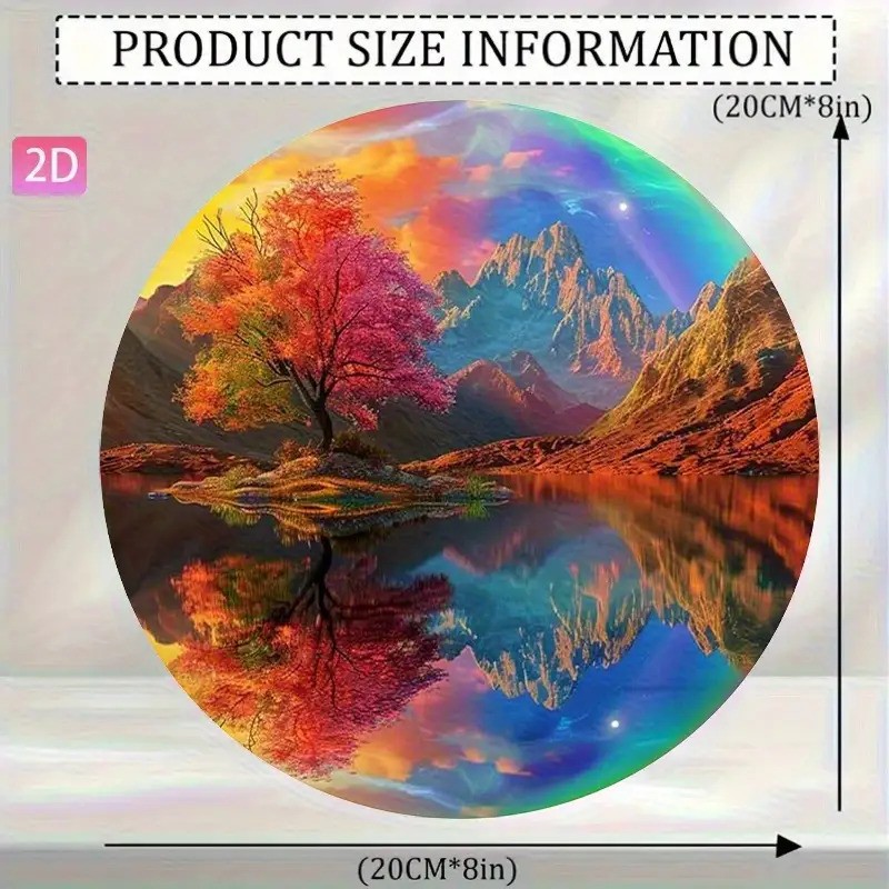 Round Autumn Mountain Reflection Wall Decor Multicolor Aluminum Metal Art