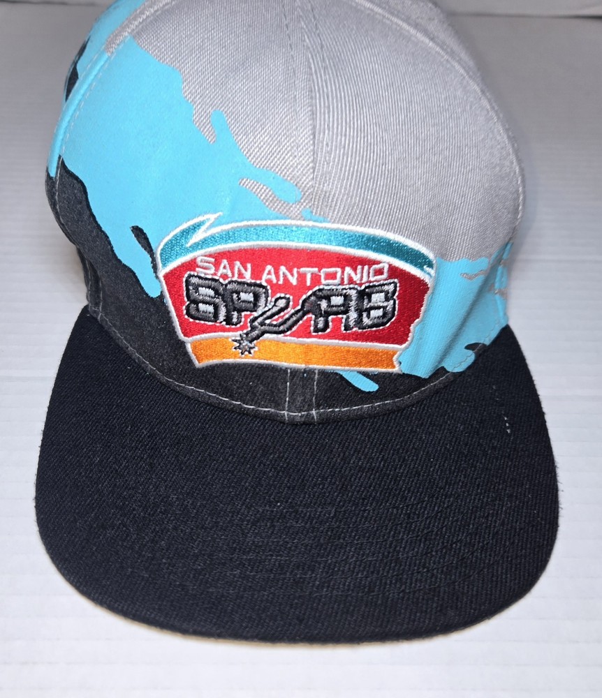 Vtg San Antonio Spurs Hat Cap Mitchell Ness Snap Back NBA Mens Gray Black Splash