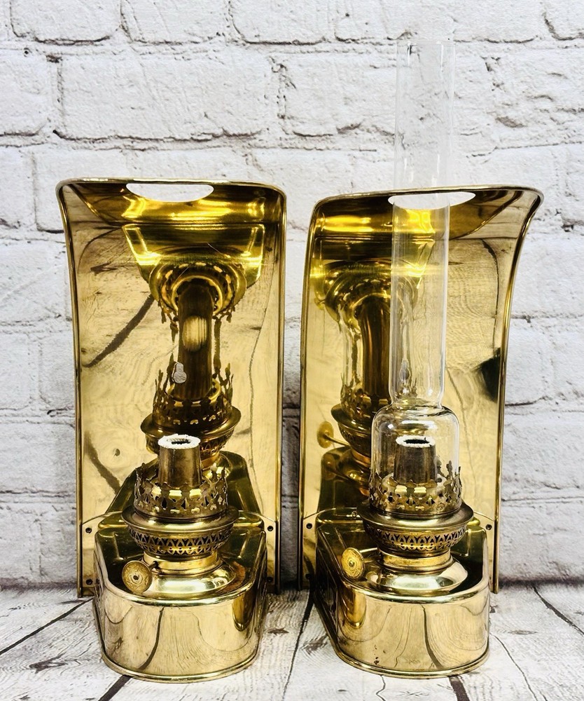 Vintage DEN HAAN Rotterdam DHR Holland Brass Nautical Oil Lamp Wall Sconces