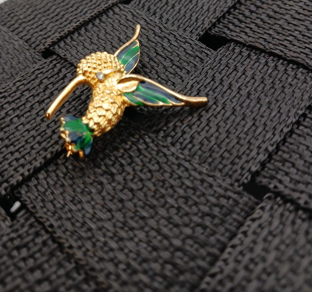 Hummingbird Pin Gold Tone Green & Blue Enamel Rhinestone Eye 1.5 Inches