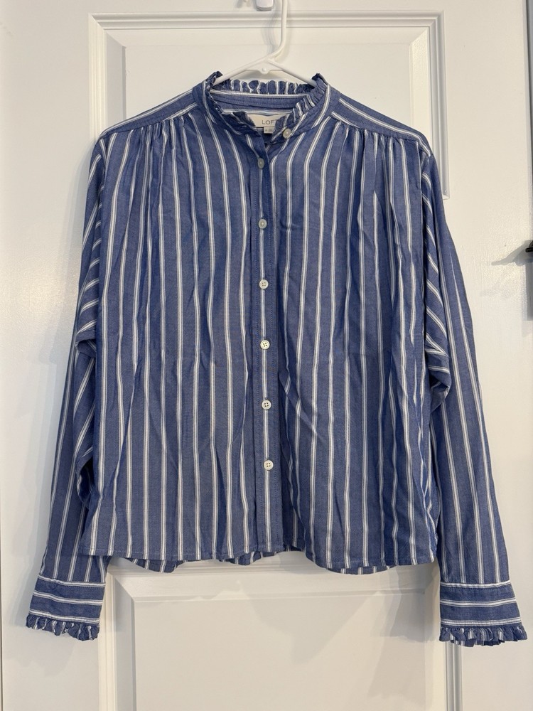 NWT - Women's Loft Blue & White Striped Long Sleeve Blouse, Size XS