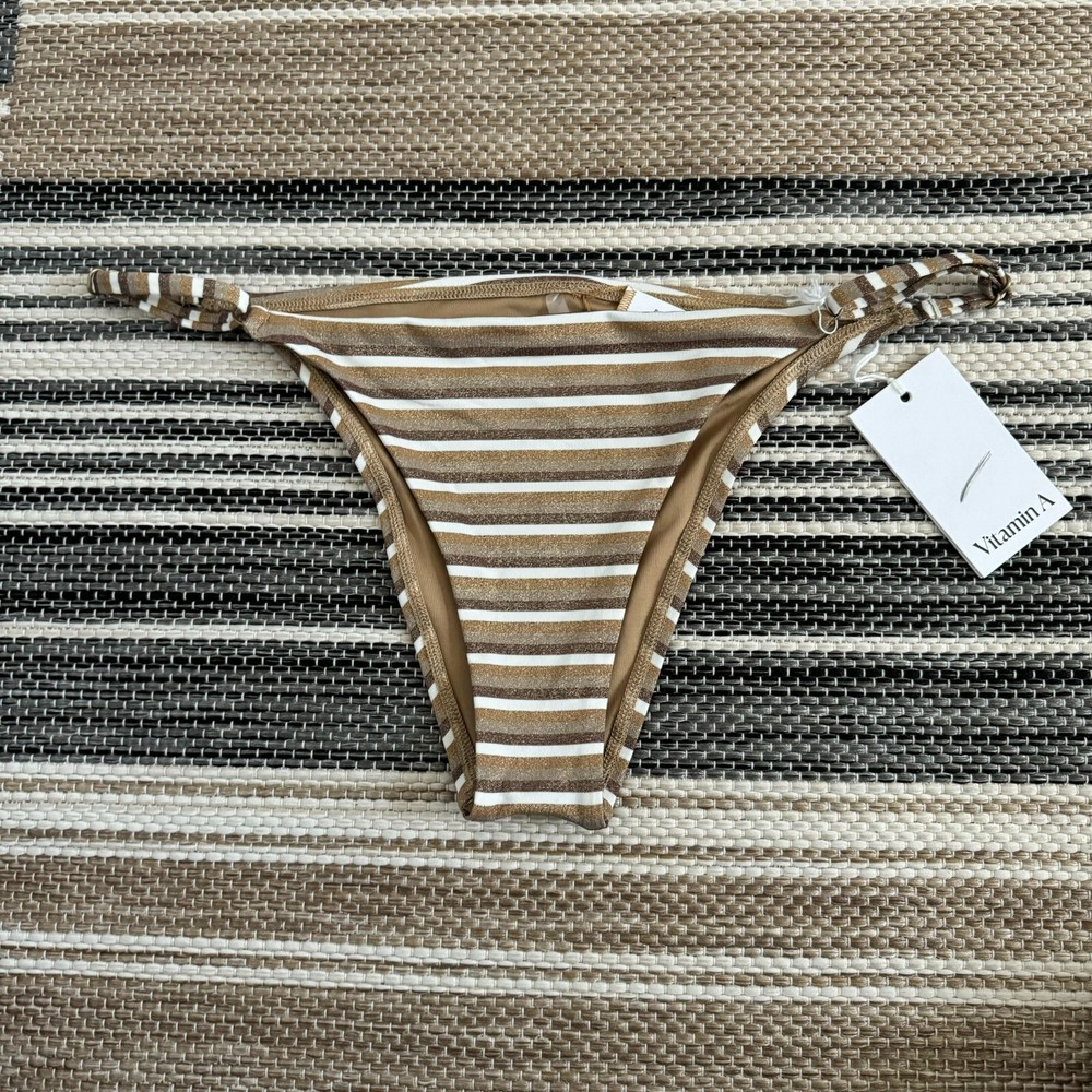 Vitamin A Women's Striped Adjustable Strap Sexy Bikini Bottom Tan Metallic L