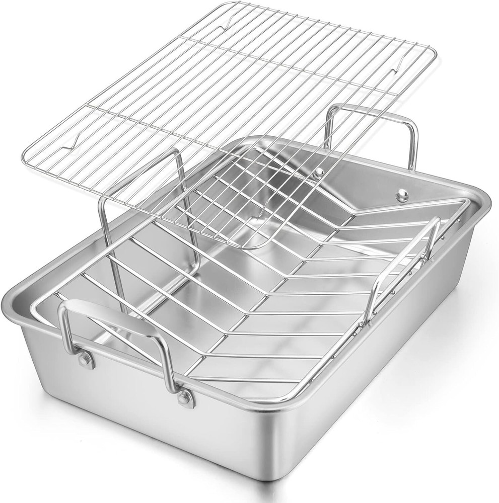 Roasting Pan 16 x 11.5 Inch Stainless steel Turkey Roaster with Rack
