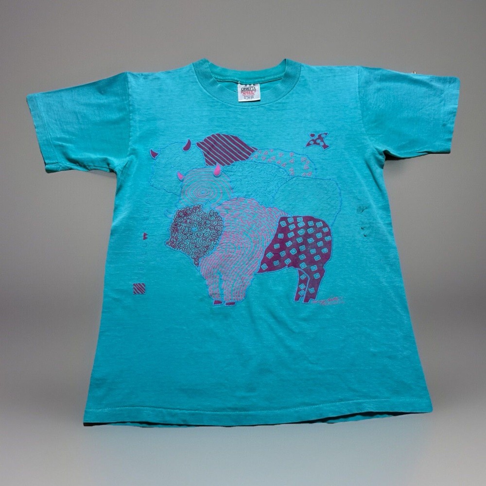 Vintage 1991 Thrashed Faded Buffalo Art Abstract Puff Print Shirt Size Medium-image