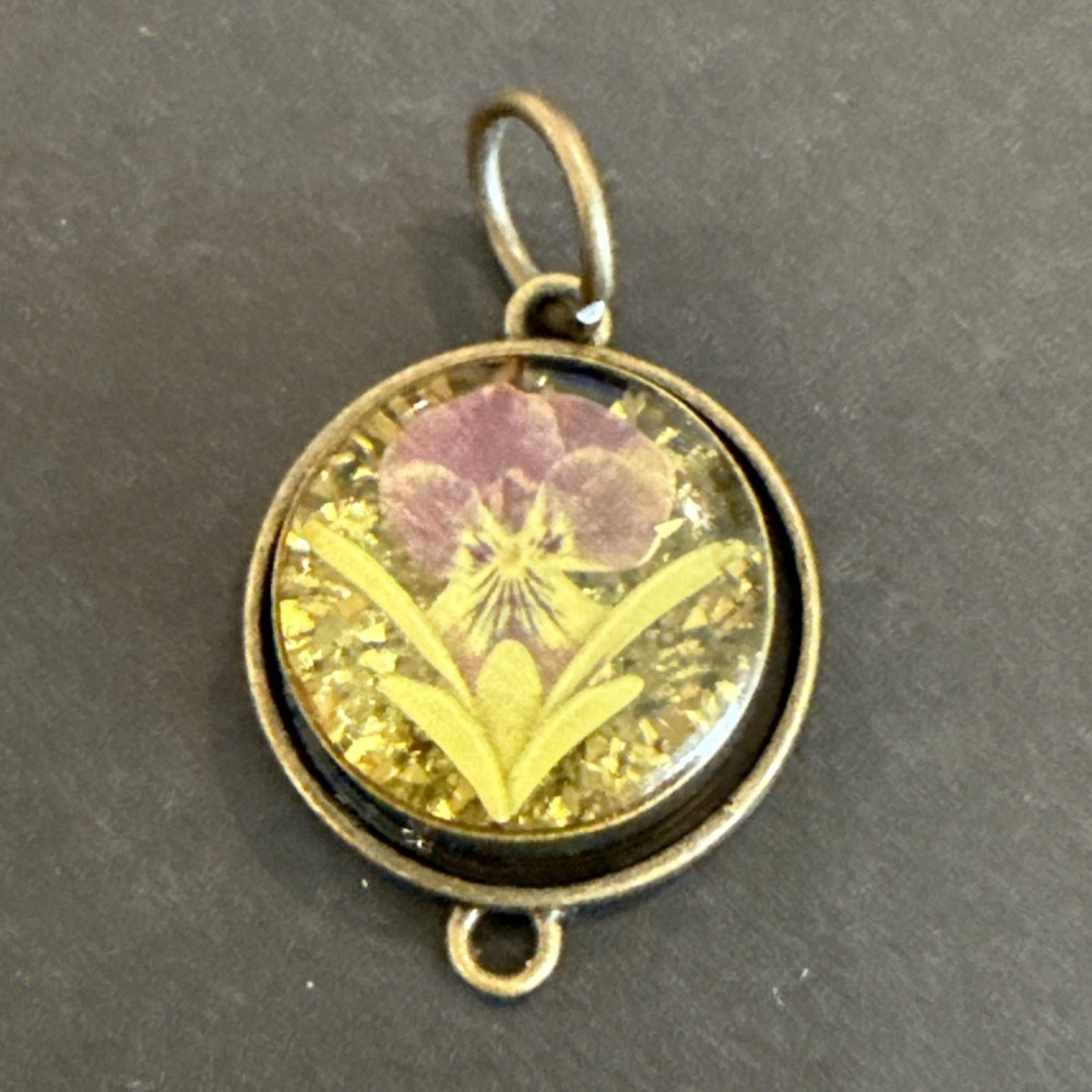 Beautiful Brass Tone Resin Glass Round Pressed Pansy Flower Pendant