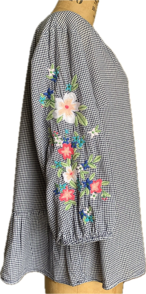 Liz Claiborne Women 1X Blouse Blue Gingham Embroidered Balloon 3/4 Sleeves Boho