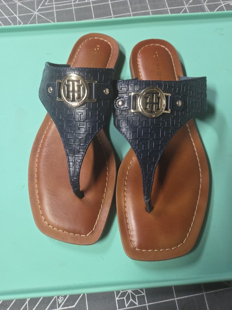 Tommy Hilfiger Women's Manne Blue Logo Wedge Heel Thong Sandals Size 6.5 M