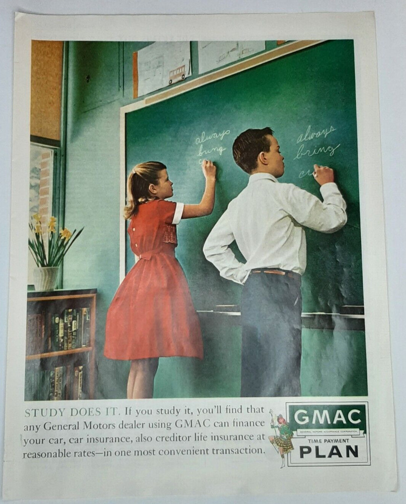 1962 GMAC Vintage Print Ad Auto Finance Insurance Students Classroom Chalkboard