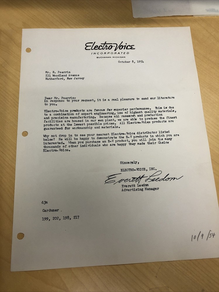 Vintage 1954 Electro Voice Buchanan MI Letterhead Stationery Signed Trash Soon