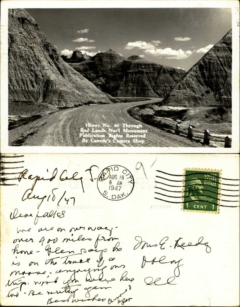 Highway 40 Bad Lands National Monument SD Canedy's Camera Shop RPPC 1947