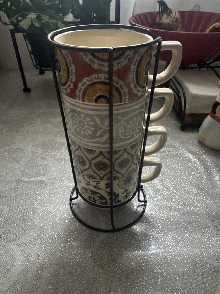 PIER 1 IMPORTS Set of 4 Ceramic Stackable Mugs, Hand Painted with Holder