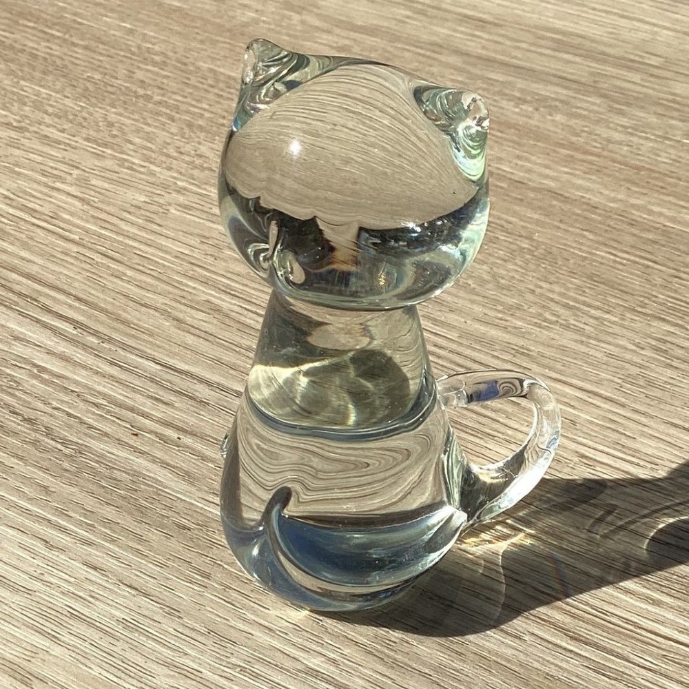 Vintage Art Glass Blown Cat Figurine Sitting Clear Kitten Sculpture/Paperweight