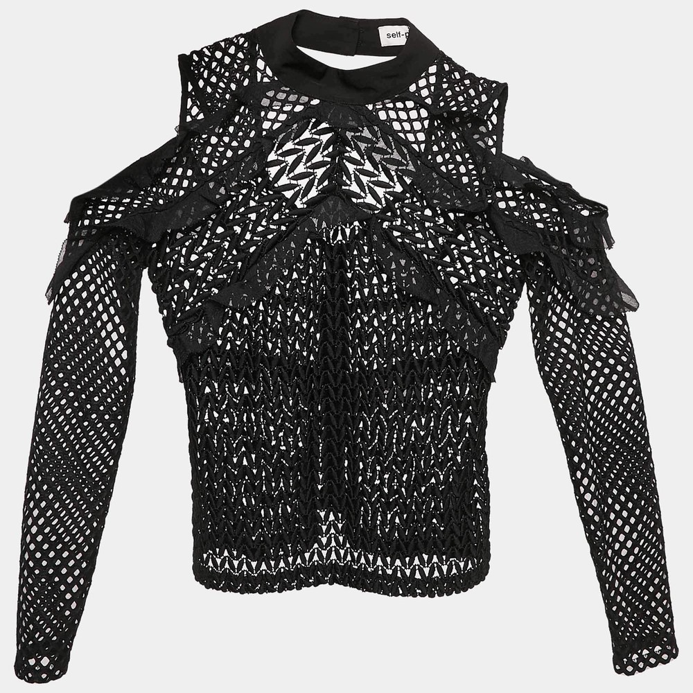 SelfPortrait Black Lace Ruffled ColdShoulder Top M