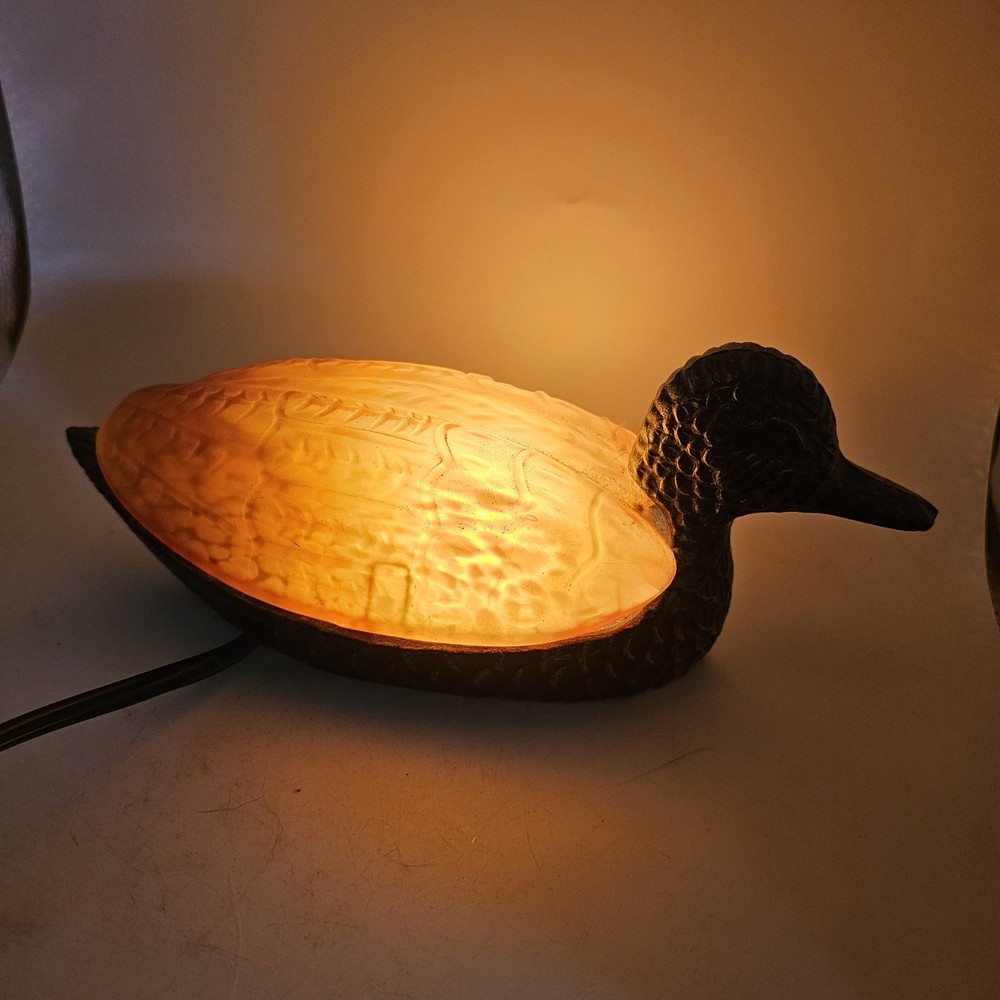 VTG Mallard Duck Cast Iron Amber Orange Glass Table Lamp Night Light Bridgeport