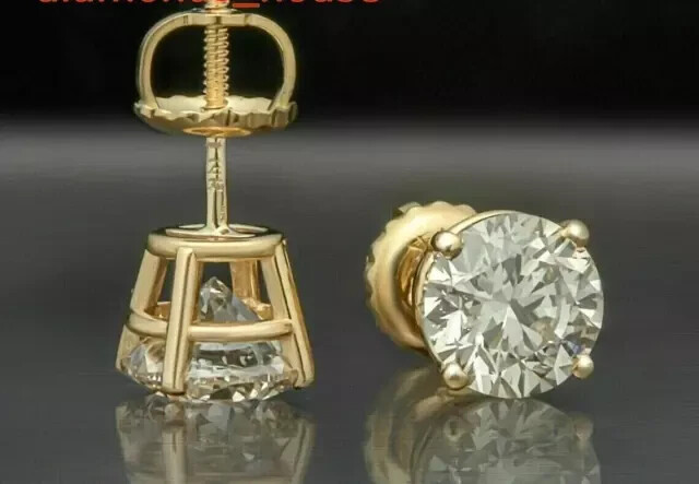 Women Solitaire Stud Earring 14k Yellow Gold Plated Round Cut Simulated Diamond