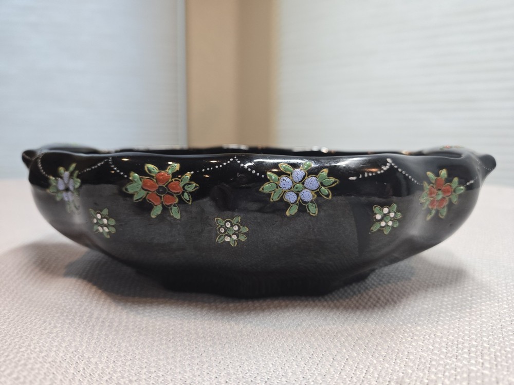 Vintage Hand Painted BlackCeramic Bowl Enamel Floral Scalloped Edge Mid-Century
