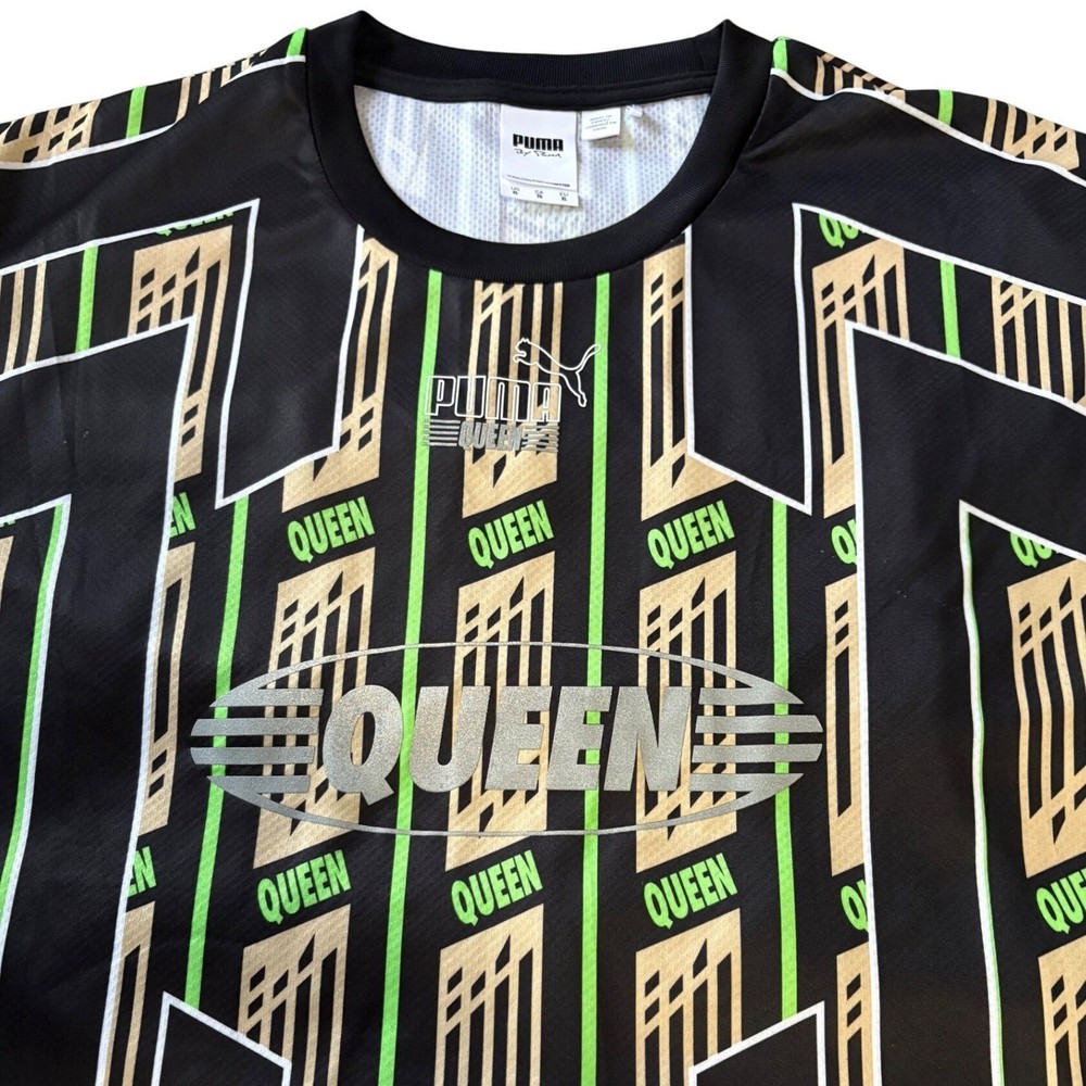 PUMA Queen Mens Soccer Jersey Shirt XL Black Neon Green All Over Print Football