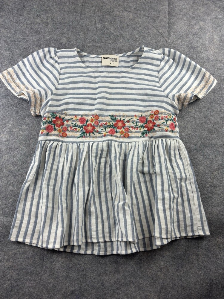 Savanna Jane Women’s M Striped Floral Embroidered Peplum White Flutter Blouse