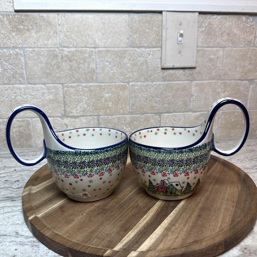 Two Polish Pottery Ceramika Artystyczna Loop Handle Soup Bowl By Teresa Liana