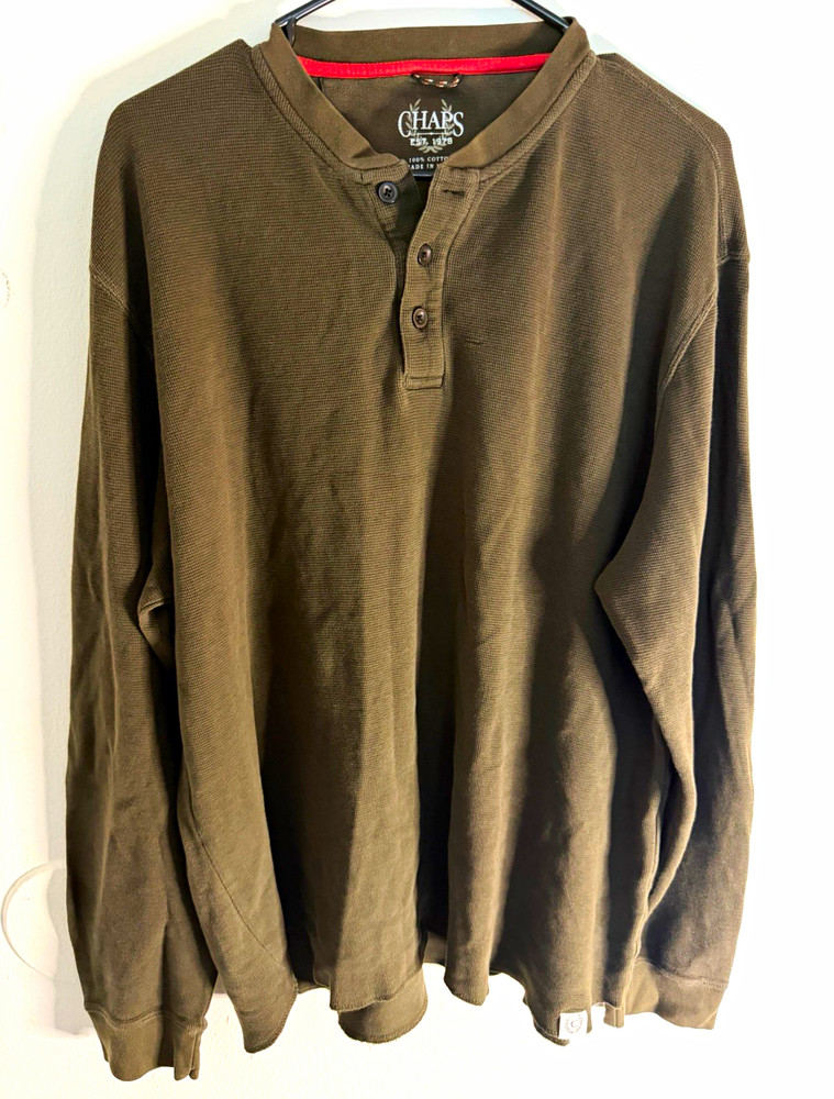 Chaps Men's Green Cotton Knit Solid Waffle Henley Long Sleeve Shirt Size L