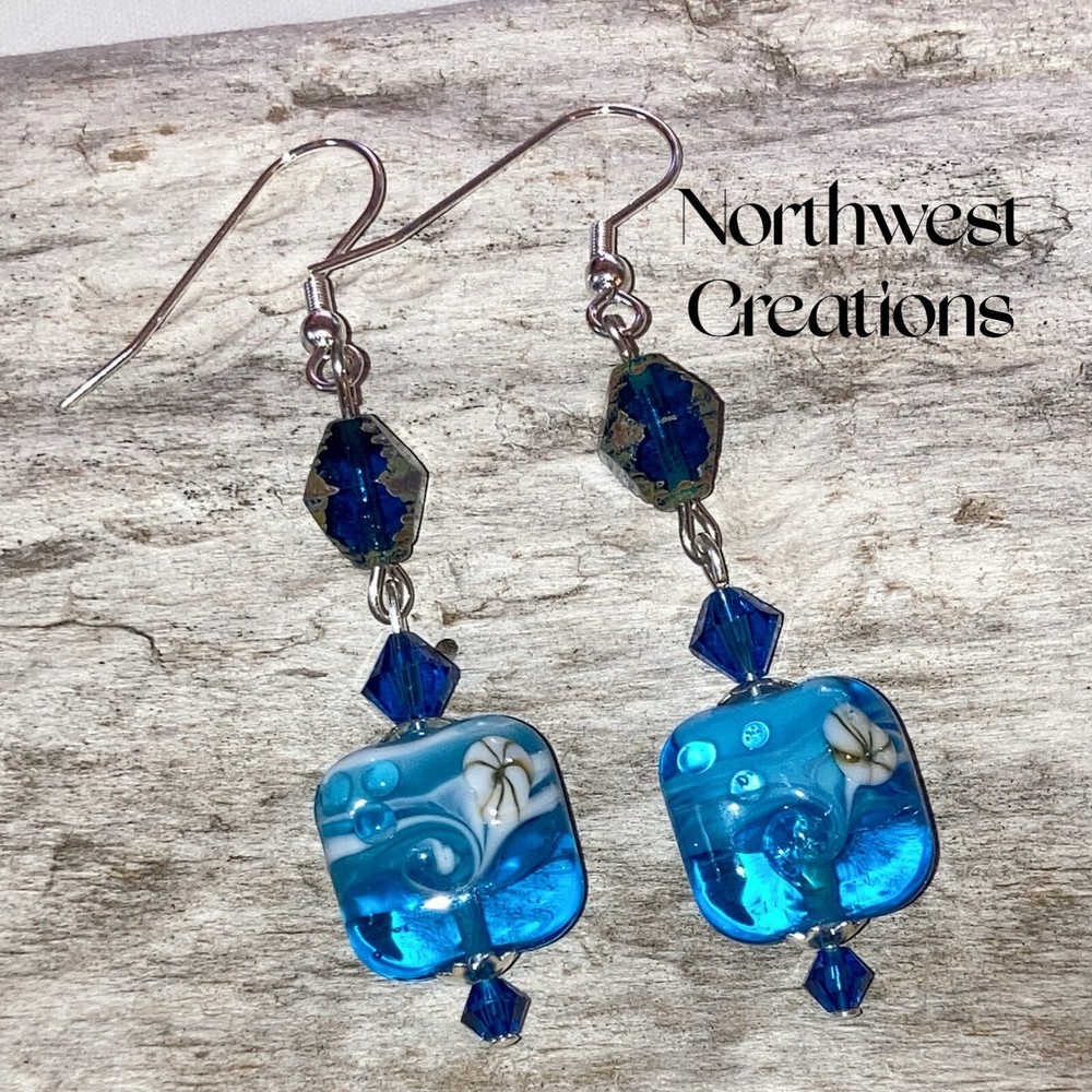 Blue Ocean Lampwork Glass Crystal Silver Drop Woman’s Earrings Gift For Her