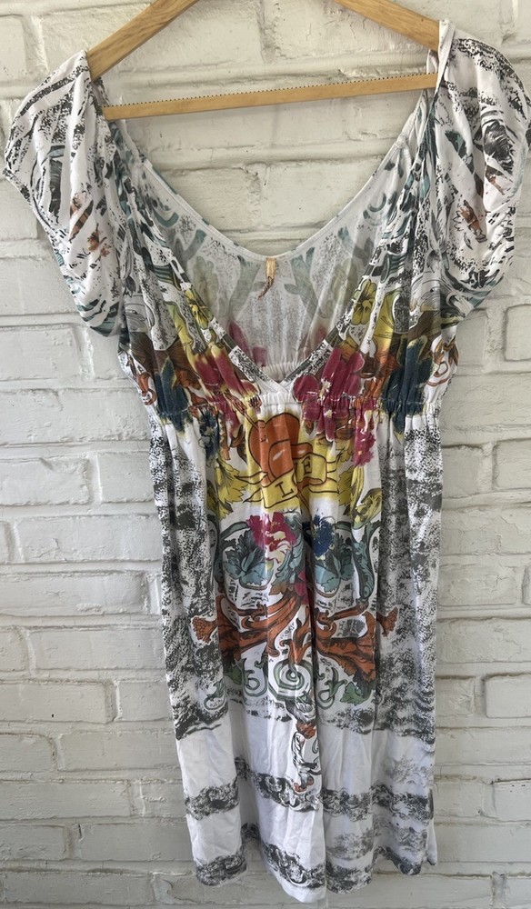 Elan Tunic Top/Dress White Tattoo Print Love Hearts Cap Sleeve Size M/L