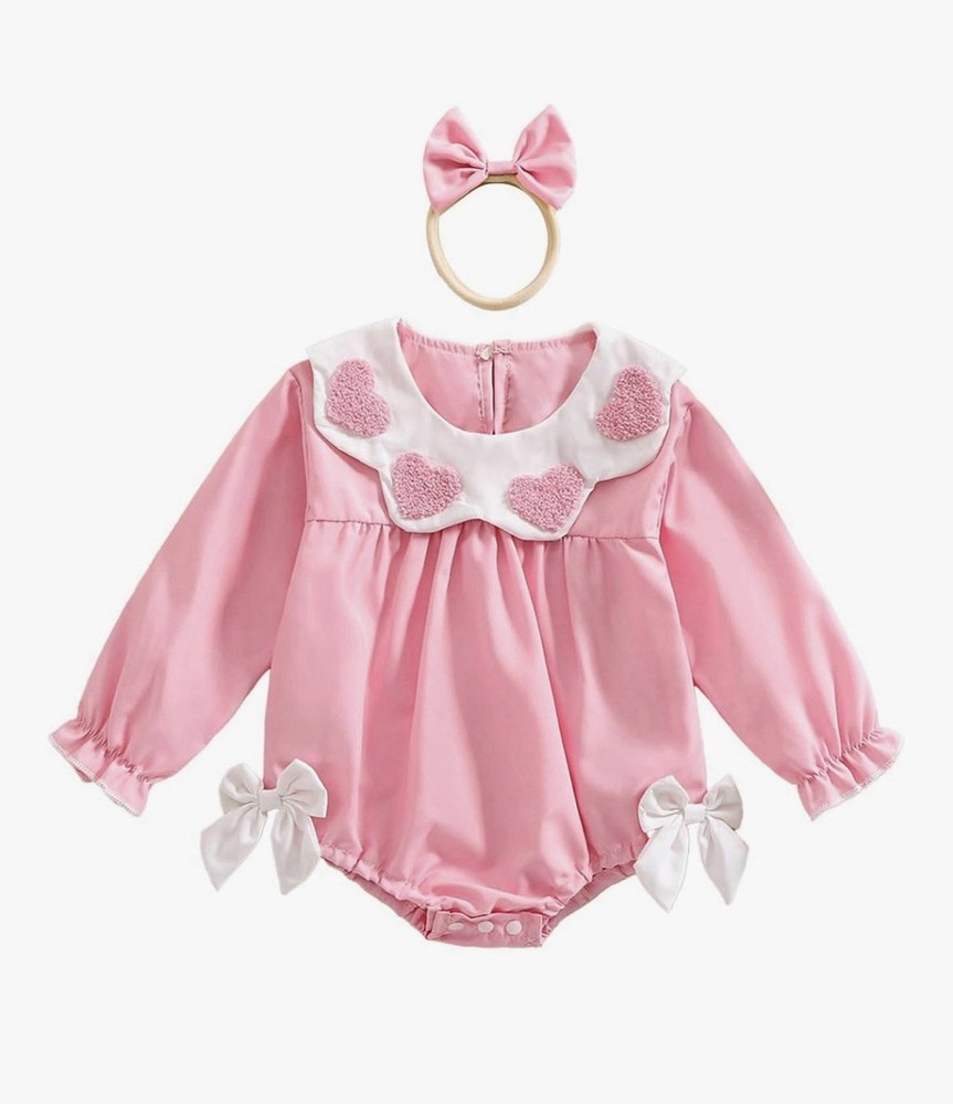 Baby Girl Pink Romper With Hearts And Bows 0-3 Months. W/Head Band Pink Bow