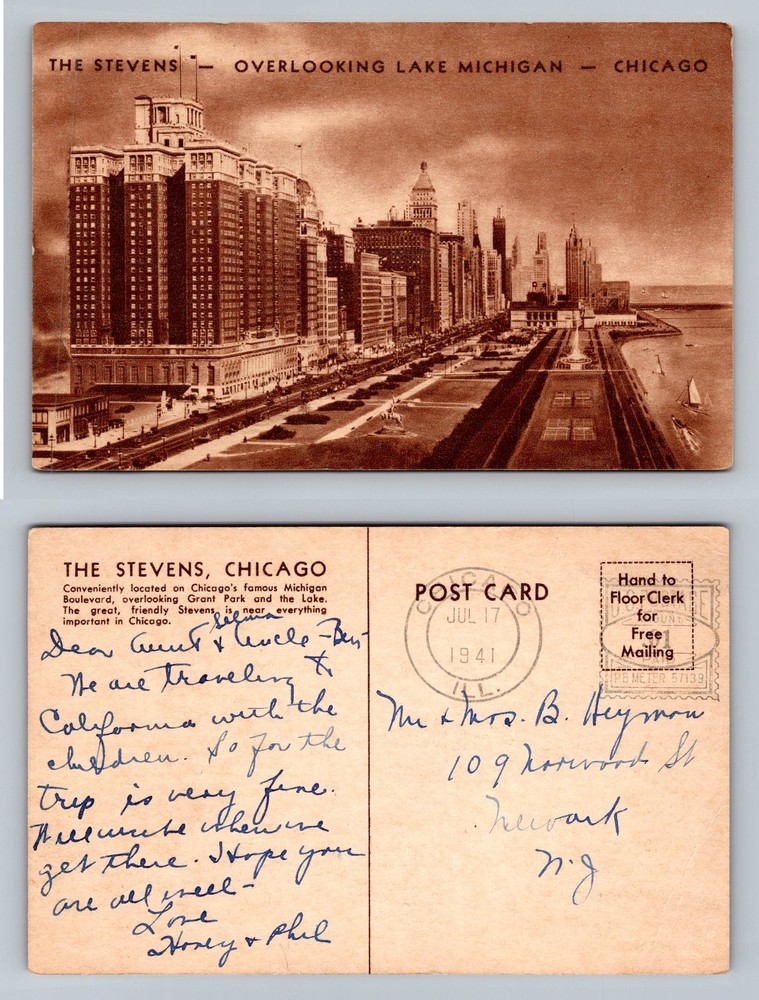Chicago, IL-Illinois, The Stevens Hotel Lakefront View c1941 Vintage Postcard