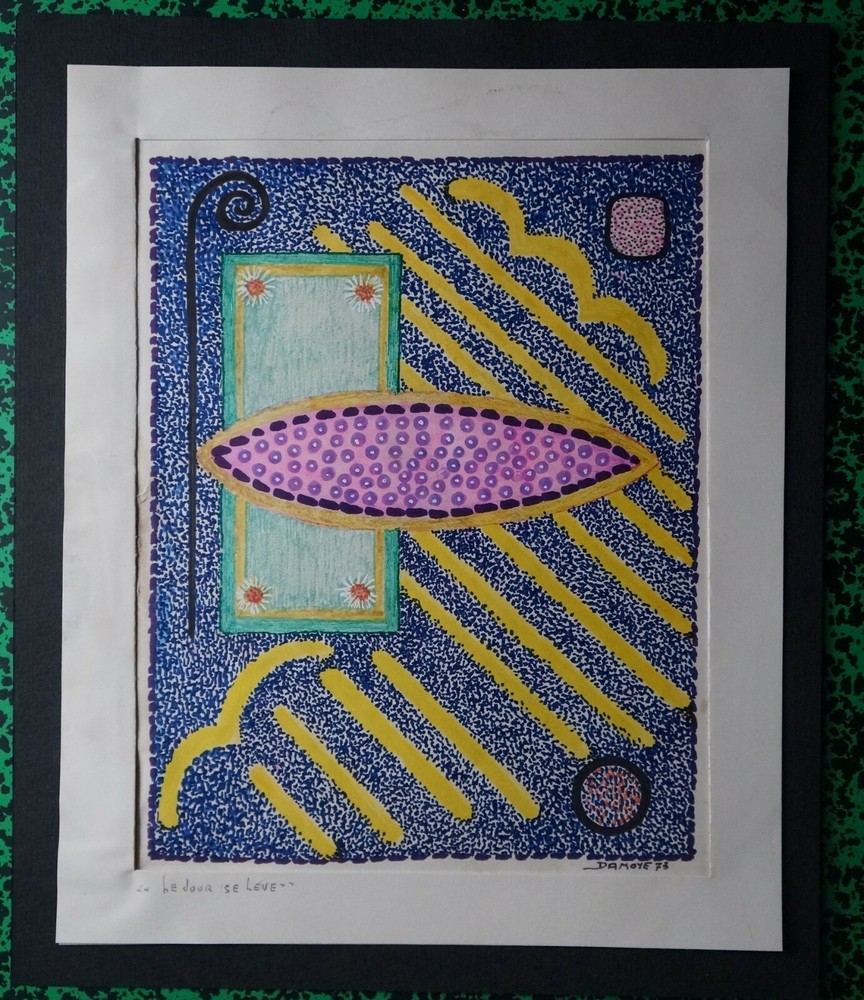 Vintage Julien Damoye Signed Felt Art Brut Drawing The Day Rises