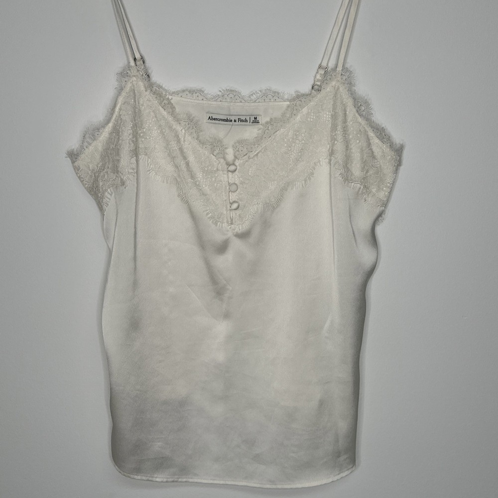 Abercrombie & Fitch Y2k Satin Babydoll Cami Top Women’s M Ivory Lace buttons