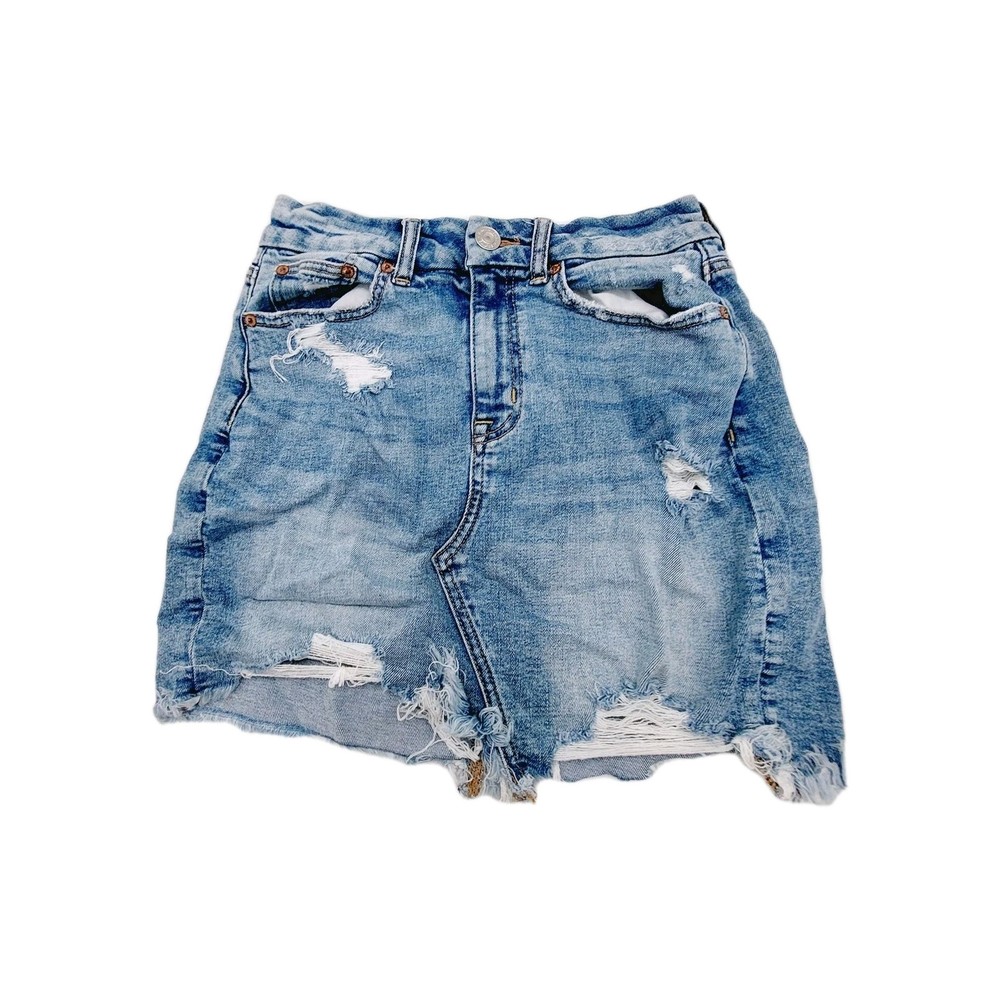 American Eagle Mini Skirt Size 2 Super Stretch Blue Distressed Curvy High Rise