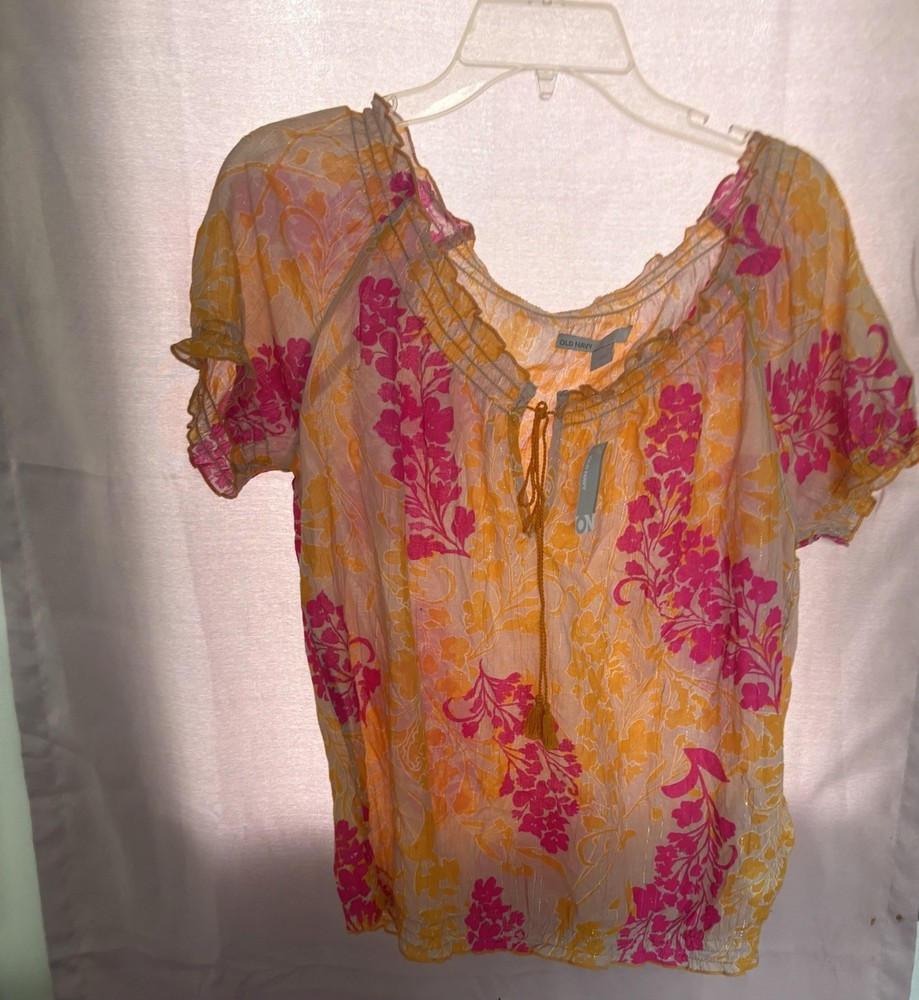 Old Navy Women's Blouse M Pink/Yellow Floral Scoop Neck Short Sleeve Ruffle NWT