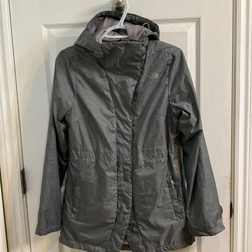 North Face Grey Lined Spring Hooded Trench Jacket Womens Small Raincoat  