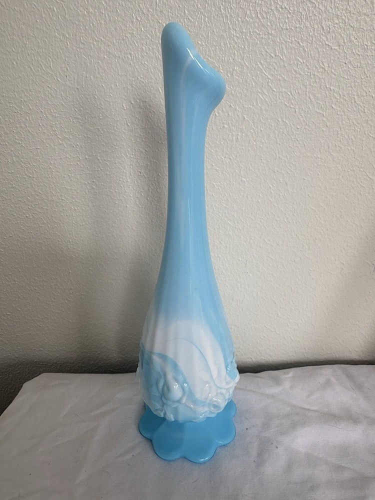 Vintage Fenton Blue Slag Swirl Glass Swung Bud Cabbage Rose Vase 9”