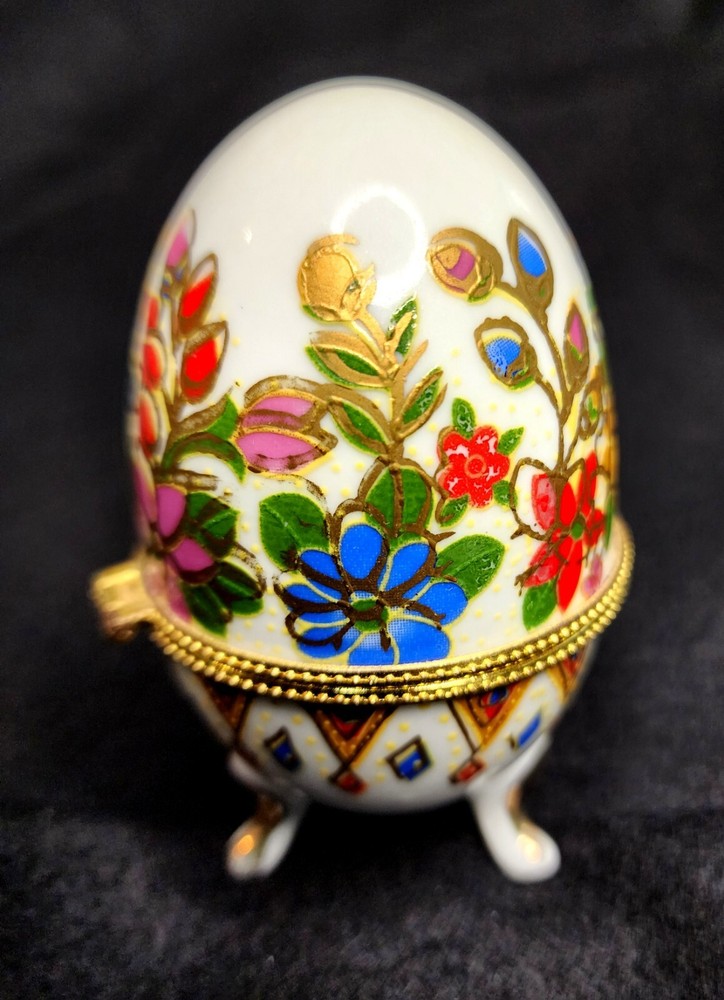 Vintage Porcelain Egg Shaped Hinged Trinket Box Multi Color Floral Gold Footed