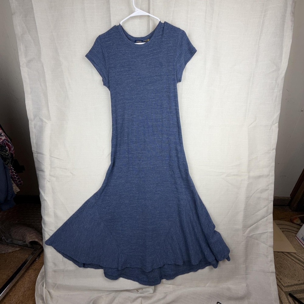 Polo Ralph Lauren Dress Womens Large Blue Knit T-Shirt Swing Midi Casual