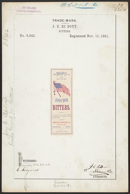 J E RI Dout Hops Buchu Bitters 1881 Trademark Registration Jackson Mich